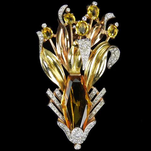 Trifari 'Alfred Philippe' Gold and Faceted Hexagon Cut Citrine Lotus Flower Floral Spray Pin Clip