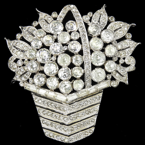 KTF Trifari 'Alfred Philippe' Pave and Black Enamel Flowers and Leaves in a Square Flower Basket Pin