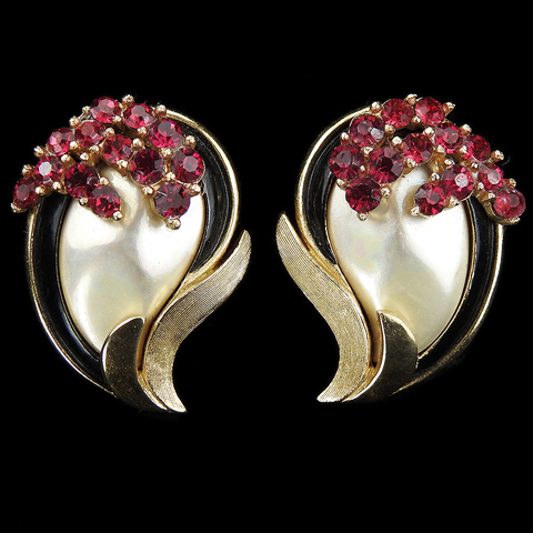 Trifari 'Alfred Philippe' Pearl Rubies and Black Enamel  Swirl 1965 'Retro Collection' Clip Earrings