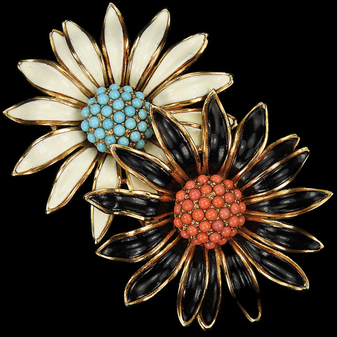 Trifari 'Alfred Philippe' Gold Coral Turquoise and Enamel White and Black Daisy Double Flower Pin Clip