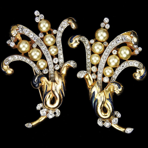 Trifari 'Alfred Philippe' Matched Pair of Empress Eugenie Gold Pave and Pearls Floral Spray Pin Clips