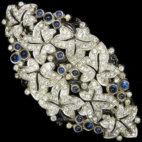 KTF Trifari 'Alfred Philippe' Pave Ivy Leaves and Sapphire Cabochon Berries Pair of Dress Clips or ClipMate Pin