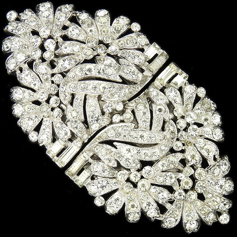 Trifari 'Alfred Philippe' Pave Flowers and Baguettes Floral Deco Clipmate Pin or Pair of Dress Clips