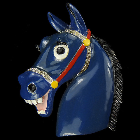 Trifari 'Alfred Philippe' Pave and Blue Enamelled Laughing Horse Pin Clip