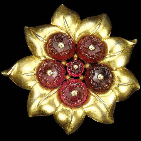 Trifari 'Alfred Philippe' 'Biarritz Jewels' Gold Nine Petalled Flower with Ruby Fruit Salad Berries Pin Clip