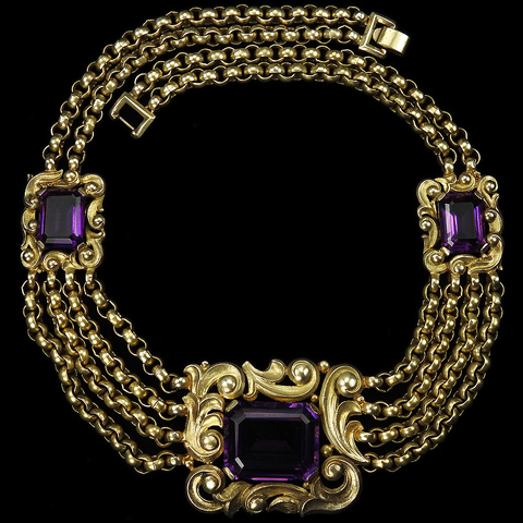 Trifari 'Alfred Philippe' Gold Scrolls and Chains Three Table Cut Amethysts Necklace