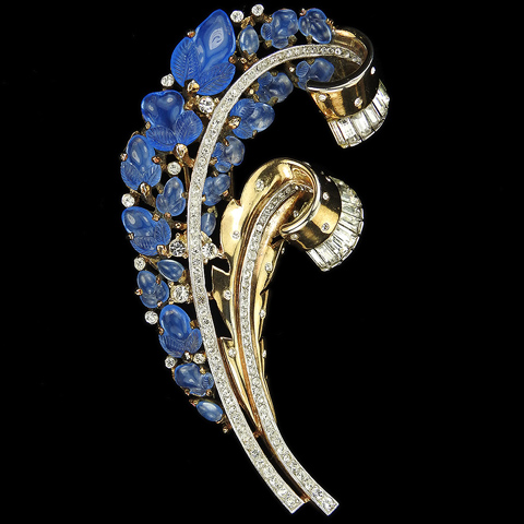 Trifari 'Alfred Philippe' 'Fragonard' Spangled Gold Pave and Baguettes Blue Moonstone Fruit Salad Double Spiral Floral Swirls Pin Clip
