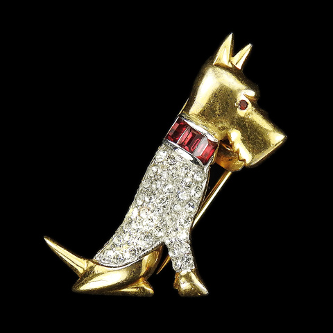 KTF Trifari 'Alfred Philippe' Gold and Pave Scottie Dog with Ruby Baguette Collar Pin Clip