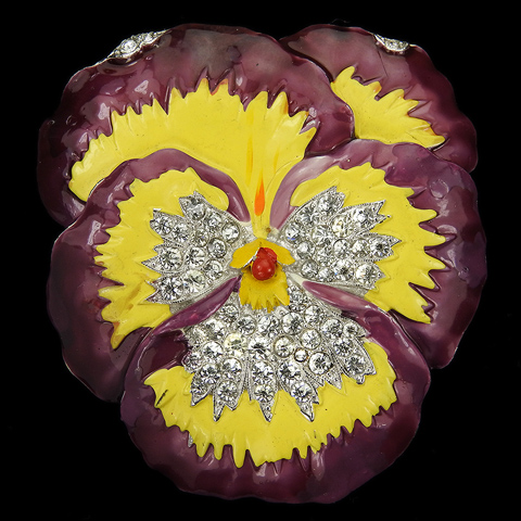 Trifari 'Alfred Philippe' 'Rue de la Paix' Pave and Enamel Dark Violet and Yellow Pansy Pin Clip