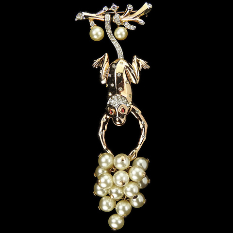 Trifari 'Alfred Philippe' Spangled Gold Monkey Swinging by his Tail Holding a Bunch of Pearl Grapes Pin