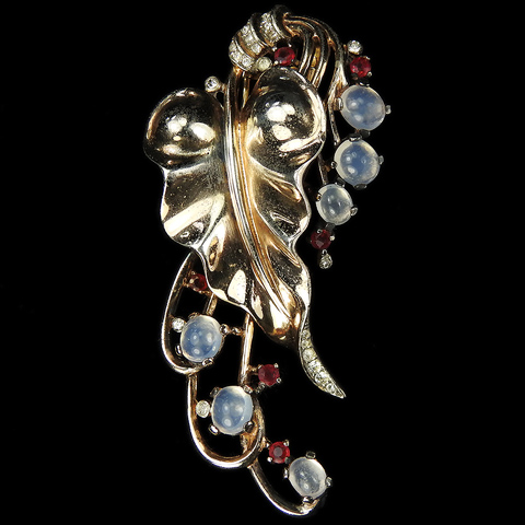 Trifari Sterling 'Alfred Philippe' Gold and Pave Vine Leaf with Moonstone Grapes Pin Clip