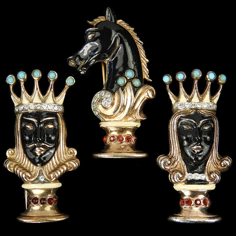Trifari Sterling 'Alfred Philippe' Black King Queen and Knight Full Set of Chess Pin Clips