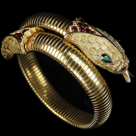 Trifari 'Alfred Philippe' Gold Rubies and Emeralds Elasticated Snake Bracelet