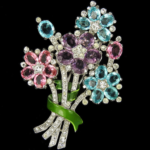Trifari 'Alfred Philippe' Tricolour Pastel Stones and Enamel Four Flowers with Shoots Floral Spray Pin Clip