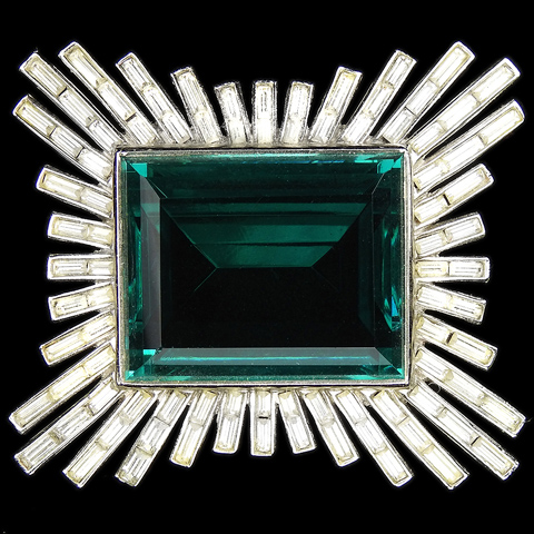 Trifari 'Alfred Philippe' 'Monte Cristo' Giant Square Cut Emerald and Diamante Baguettes Sunburst Pin