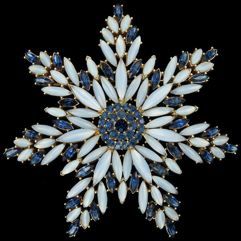 Trifari 'Alfred Philippe' Gold and Marquise Cut Sapphires and Moonstone Cabochons Star Flower Starburst or Sunburst Pin