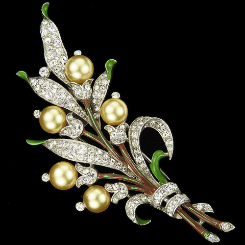 Trifari 'Alfred Philippe' Pave and Enamel Leaves and Pearl Flowers Floral Spray Pin Clip