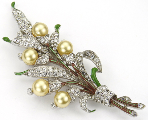 Trifari 'Alfred Philippe' Pave and Enamel Leaves and Pearl Flowers ...