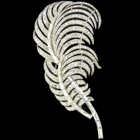 Trifari 'Alfred Philippe' Pave and Baguettes Double Swirl Plume Feather or Leaf Pin