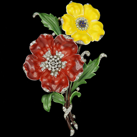 Trifari 'Alfred Philippe' 'Rue de la Paix' Pave and Enamel Red and Yellow Primrose or Poppy Flowers Spray Pin Clip