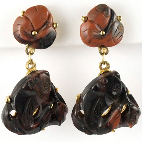 Trifari (Faux) Carved Wood Leaping Fish Pendant Clip Earrings