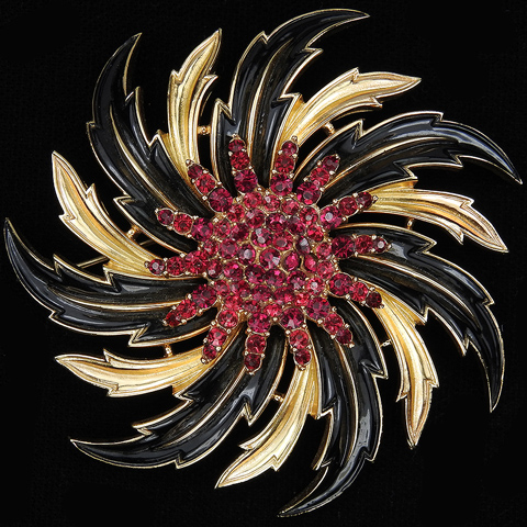 Trifari Gold Black Enamel and Rubies Pinwheel Flower Pin