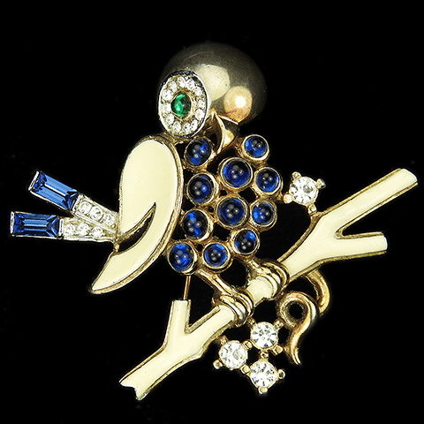 Trifari 'Alfred Philippe' Gold White Enamel Sapphire Baguettes and Cabochons Bird on a Branch Pin