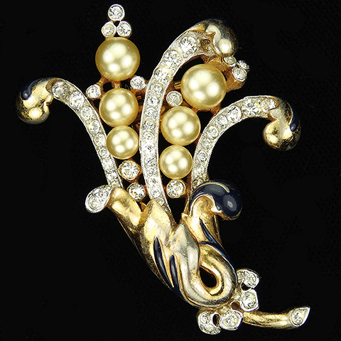 Trifari 'Alfred Philippe' Empress Eugenie Gold Pave and Pearls Floral Spray Pin Clip