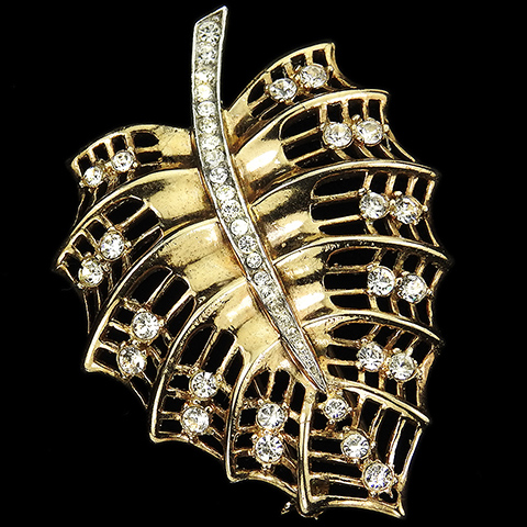 Trifari 'Alfred Philippe' Gold and Pave Openwork Leaf Pin Clip