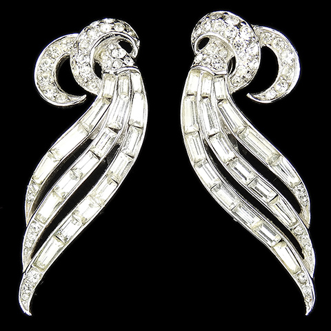 Trifari 'Alfred Philippe' Pave and Baguettes Double Crescents and Triple Leaf Swirls Clip Earrings