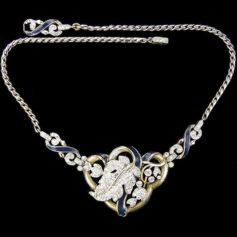 Trifari 'Alfred Philippe' Empress Eugenie Gold and Pave Leaf and Flowers with Blue Enamel Bows Necklace