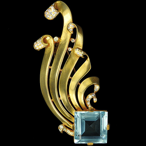 Trifari 'Alfred Philippe' Gold and Pave Swirls and Square Cut Aquamarine Shooting Star or Comet Pin Clip