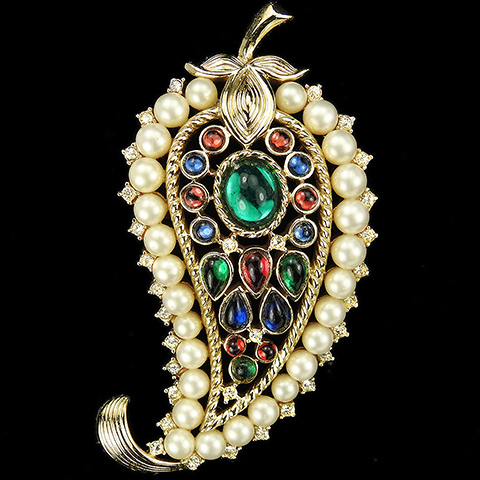 Trifari 'Alfred Philippe' 1956 Production Moghul Gold Tricolour Cabochons and Pearls Paisley Pattern Floral Swirl Pin