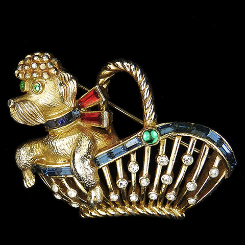 Trifari 'Alfred Philippe' 'Paris in the Spring' Gold and Invisibly Set Sapphires French Poodle Dog with Ruby Baguette Bow in a Basket Pin