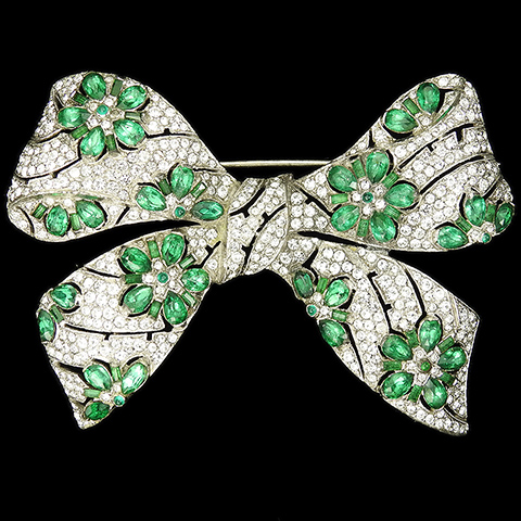 KTF Trifari 'Alfred Philippe' Pave and Five Petalled Emerald Flowers Openwork Bowknot Bow Pin