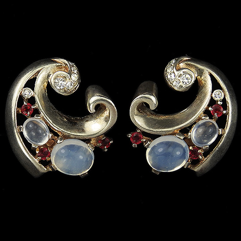 Trifari Sterling 'Alfred Philippe' Moonstone and Ruby Spangles Bow Swirl Clip Earrings