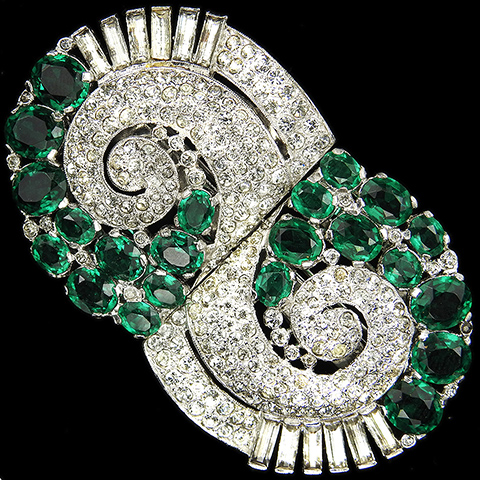 KTF Trifari 'Alfred Philippe' Pave Baguettes and Emeralds Deco Swirls Pair of Dress Clips or Clipmate Pin