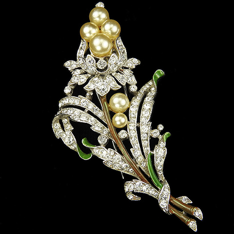 Trifari 'Alfred Philippe' Pave and Enamel Leaves and Pearls Bell Flower Floral Spray Pin Clip