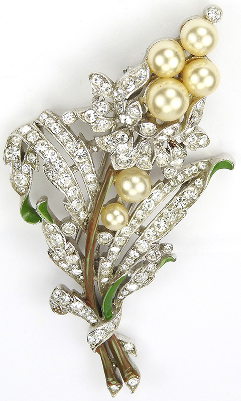 Trifari 'Alfred Philippe' Pave and Enamel Leaves and Pearls Bell Flower ...