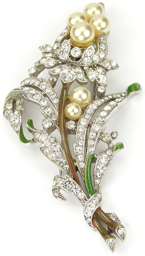 Trifari 'Alfred Philippe' Pave and Enamel Leaves and Pearls Bell Flower ...