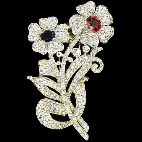 Trifari 'Alfred Philippe' Pave Ruby and Sapphire Double Flowers and Leaves Floral Spray Pin Clip