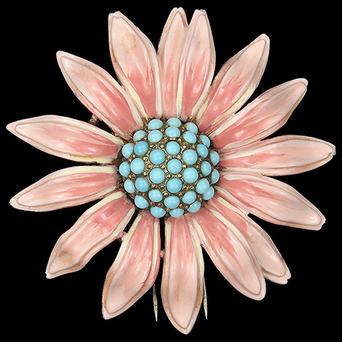 Trifari 'Alfred Philippe' Pink Enamel and Turquoise Daisy or Sunflower Pin Clip