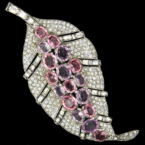 Trifari 'Alfred Philippe' Pave Baguettes Pink Topaz and Amethysts Openwork Leaf Pin Clip