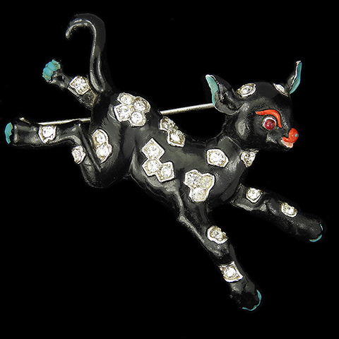 Trifari 'Alfred Philippe' Black Enamel and Diamante Spangles Leaping Spring Lamb Pin