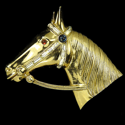 Trifari 'Alfred Philippe' Gold Red and Blue Cabochons and Diamante Baguettes Horse Head Pin