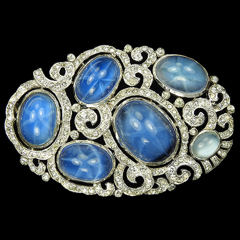 KTF Trifari 'Alfred Philippe' Five Star Sapphires and Moonstone Pave Openwork Swirls Deco Oval Pin