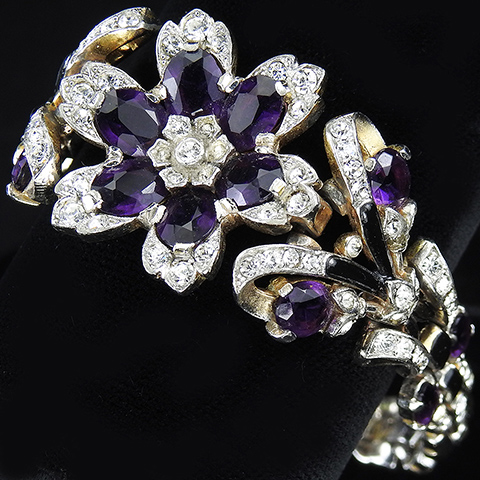 Trifari 'Alfred Philippe' Pave Amethyst and Black Enamel Star Flower Bracelet