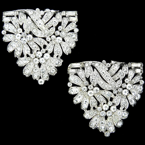 Trifari 'Alfred Philippe' Pave Flowers and Baguettes Shields Pair of Deco Pin Clips