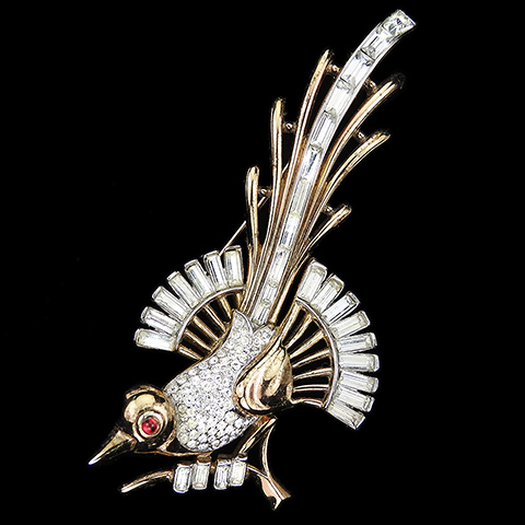 Trifari 'Alfred Philippe' Gold Pave and Baguettes Bird of Paradise on a Branch Pin