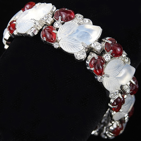 Trifari 'Alfred Philippe' Large Moonstone and Small Ruby Fruit Salads Deco Link Bracelet